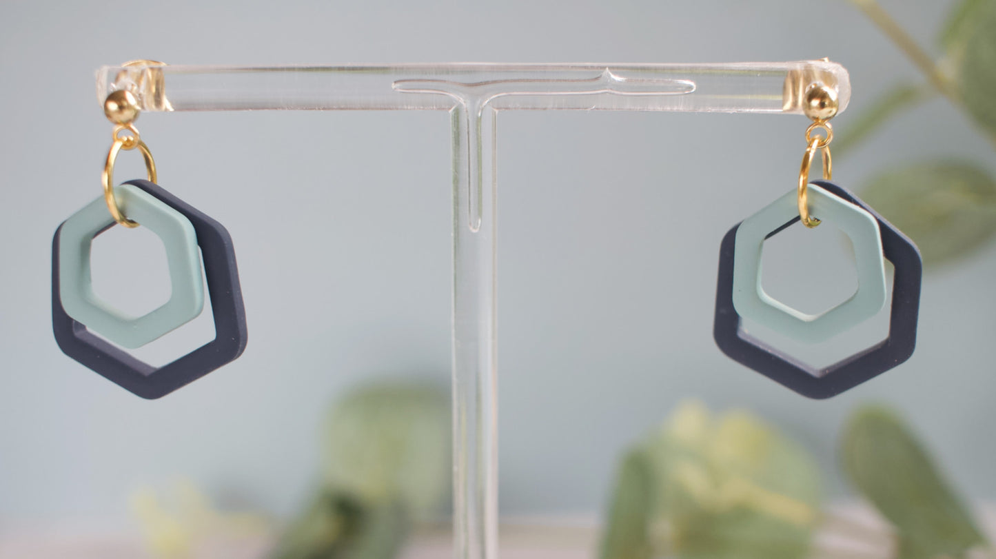 Hexagonal earrings on a clear stand with a blurred green plant background