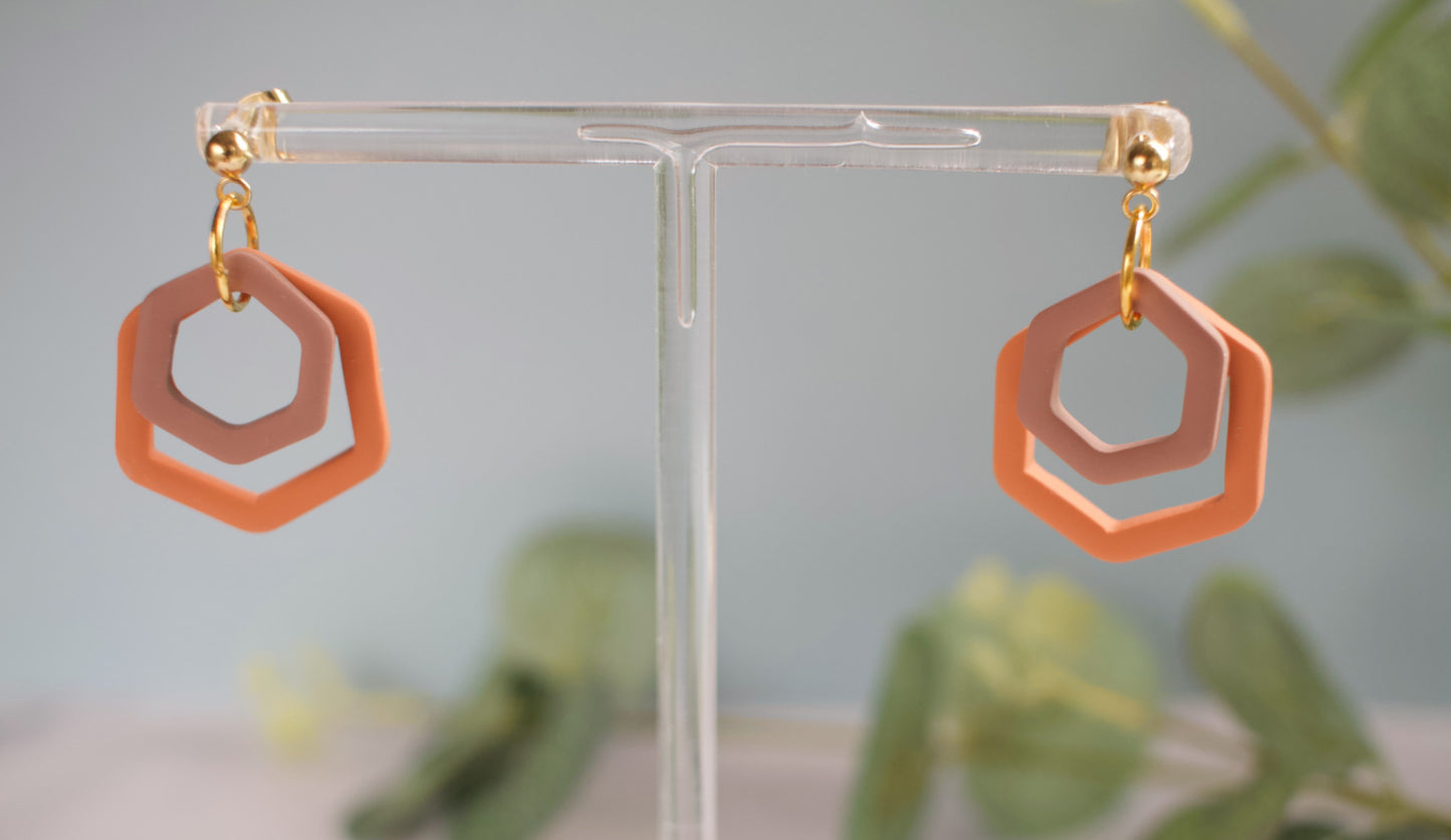 Hexagonal earrings on a clear stand with a blurred green plant background
