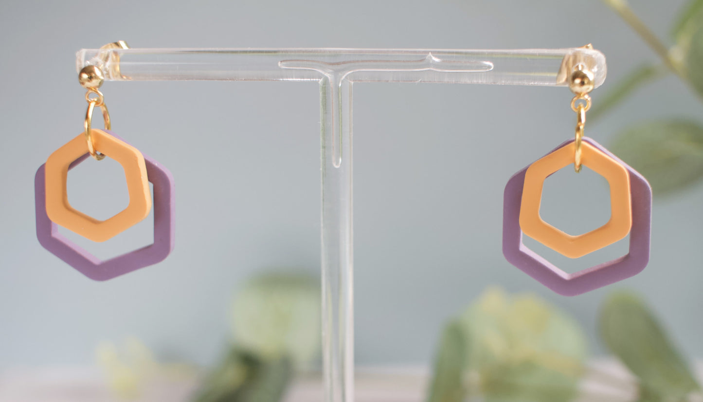 Hexagonal earrings on a clear stand with a blurred green plant background