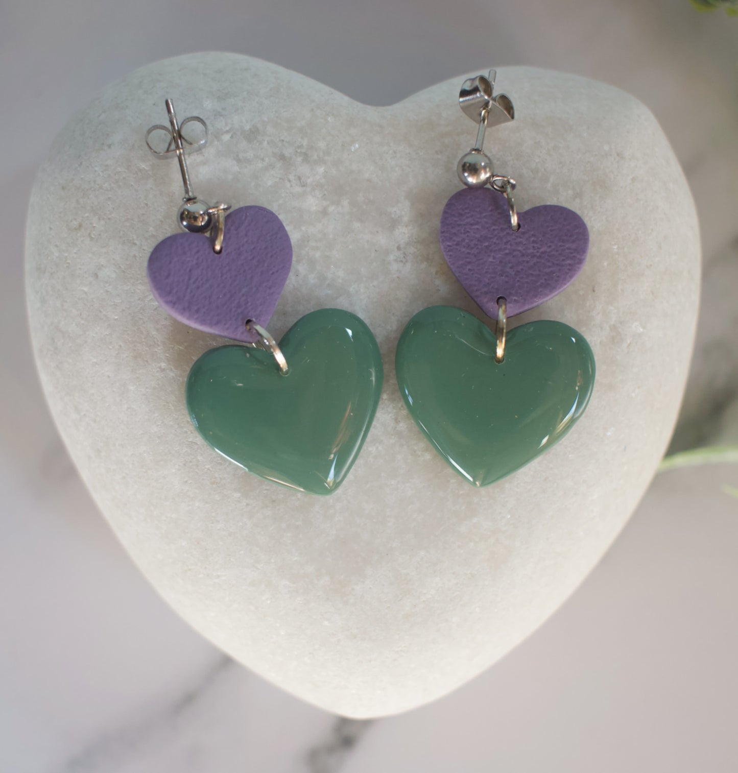 Double Heart Dangles | Purple / Green